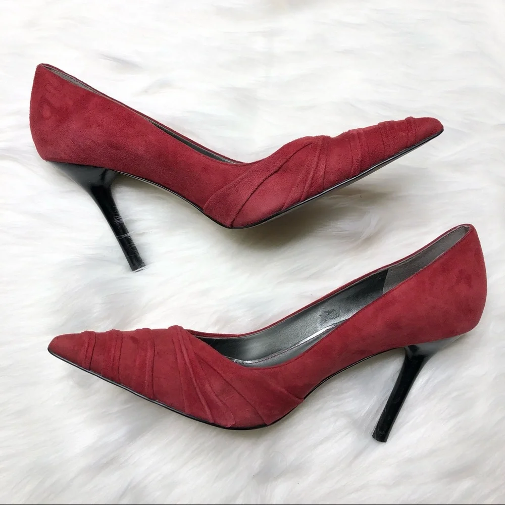 MARC FISHER Suede Leather Pumps Pleated Heels Stiletto Red Slip On Size 8M